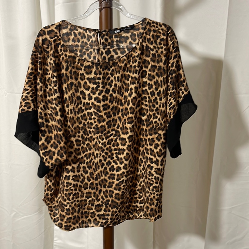 Zara Leopard Print Blouse with Black Sleeve Accents